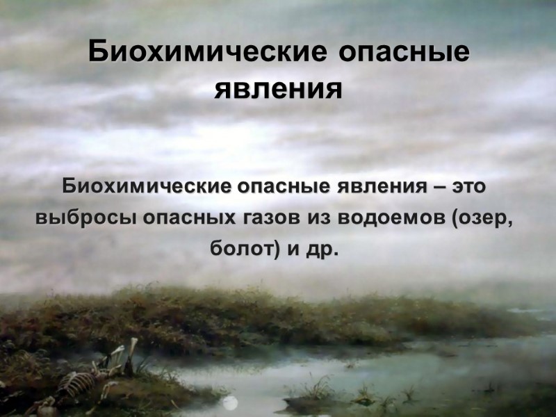 Биохимические опасные явления Биохимические опасные явления – это выбросы опасных газов из водоемов (озер,